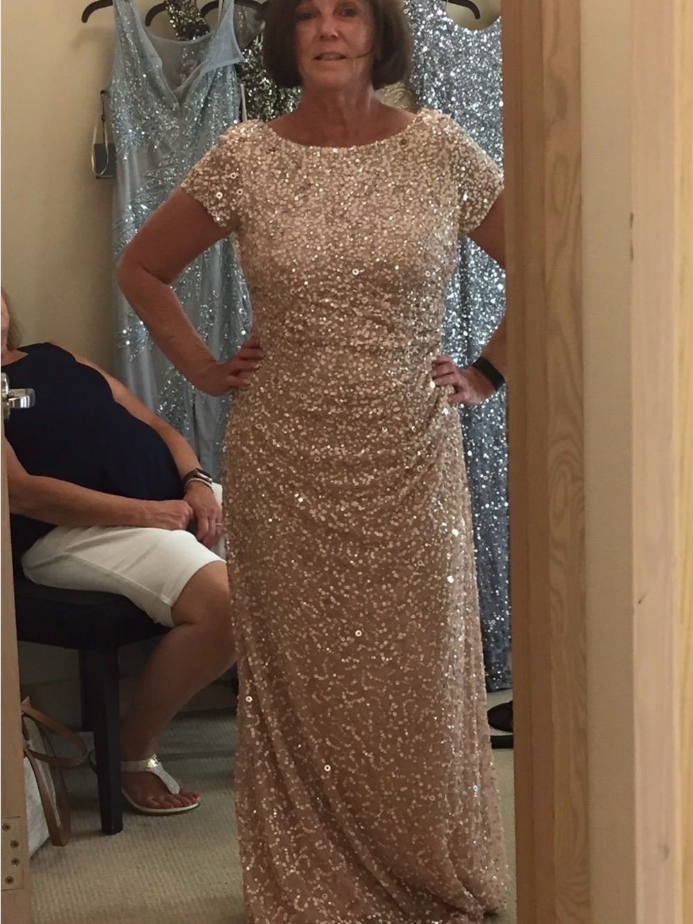 Adrianna Papell Short Sleeve Sequin Dress - Champagne/Blush